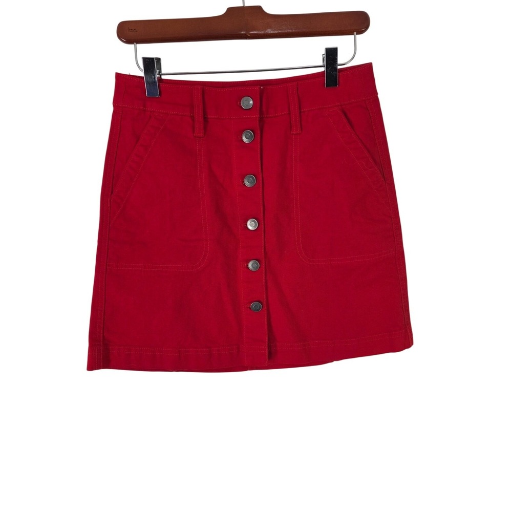 J. Crew Mercantile Red Denim Button Front Mini Skirt 00 Womens Pockets Casual